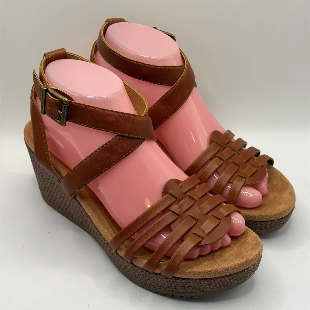 Vionic Clarisa Tan Leather Raffia Wedge Sandals Strappy Platform Brown 8